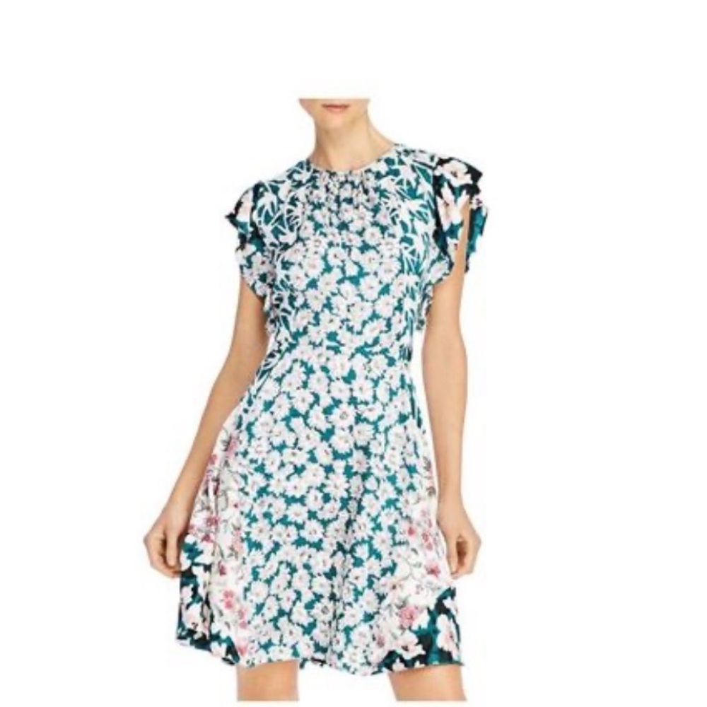 Rebecca Taylor Dress Floral Silk in Green and Pink with cap sleeves Size 4